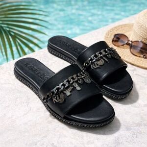 NWOB Karl Lagerfeld Basia Charm Slide Sandals Black Gunmetal Chain